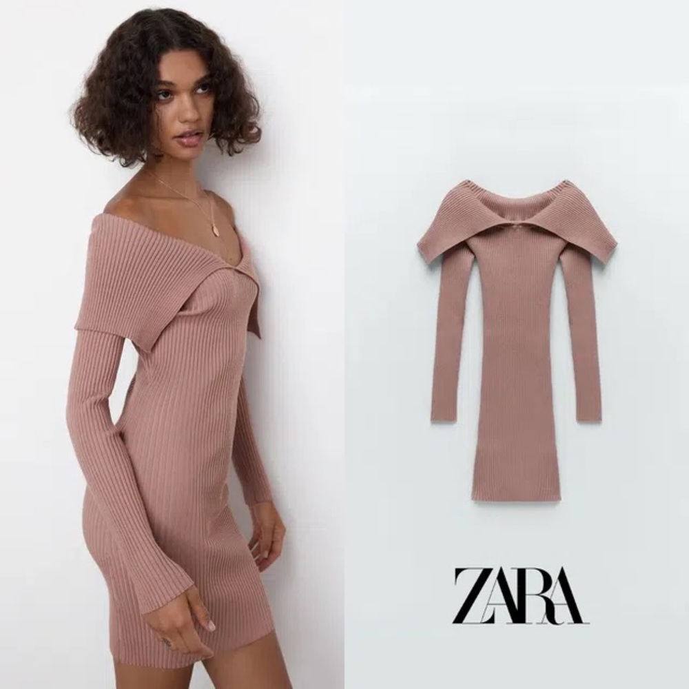 ZARA Ribbed Off Shoulder Mini Dress Pink Bodycon Knit Foldover Neck Size Small M
